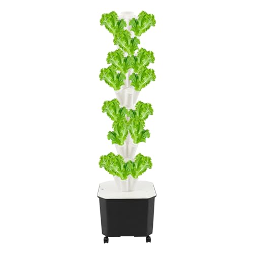 Fennnds Hydroponic System, 10-Lagiger Vertical Farming Tower mit 5 Räder, 50 Pflanzlöcher, Blütenblattförmige Pflanzkörbe, Hydro Tower mit 45L Wassertank für Obst, Gemüse und Kräuter (Weiß) von fennnds