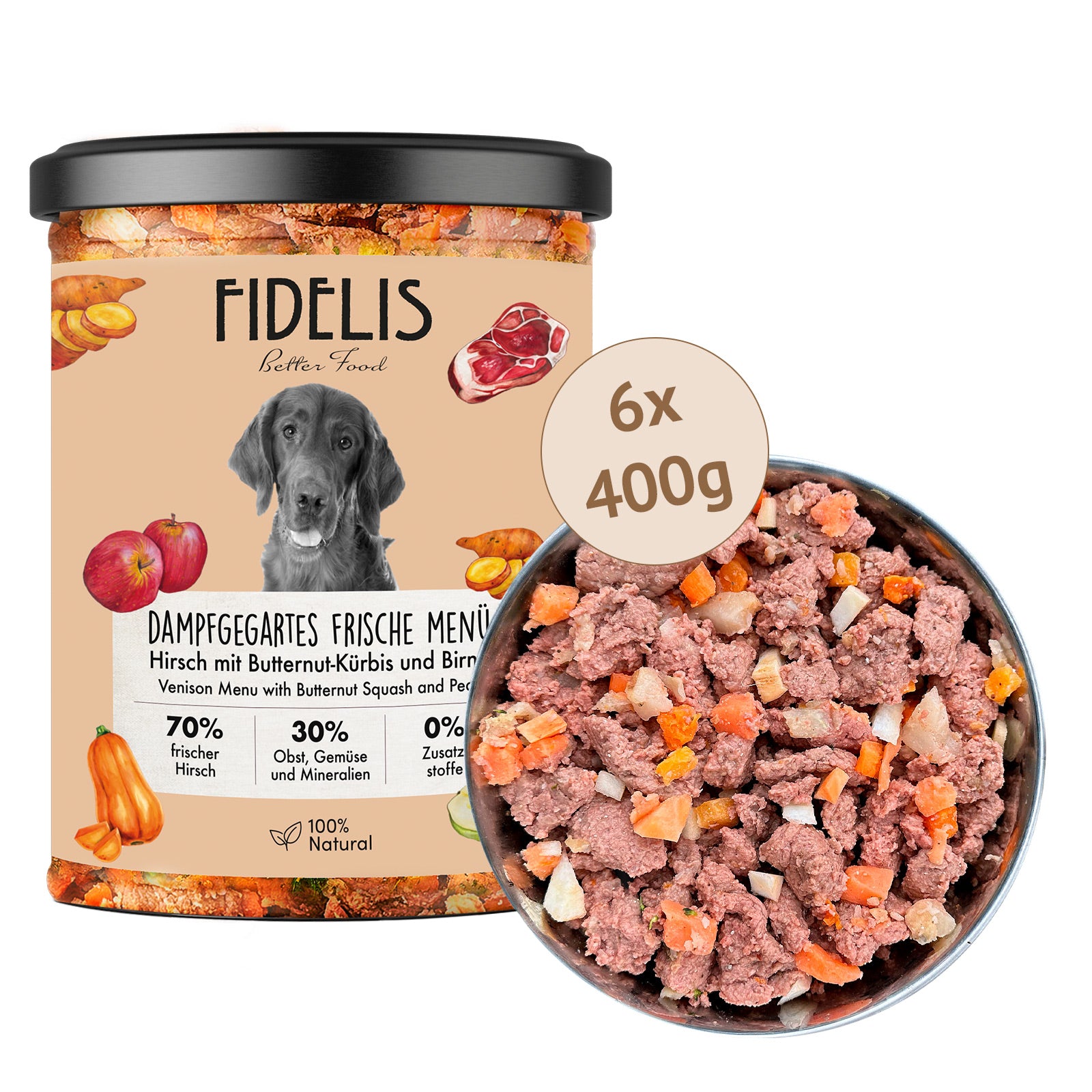 6 x 400g Hirsch mit Butternut-Kürbis, Birne und Topinambur von fidelis.dog