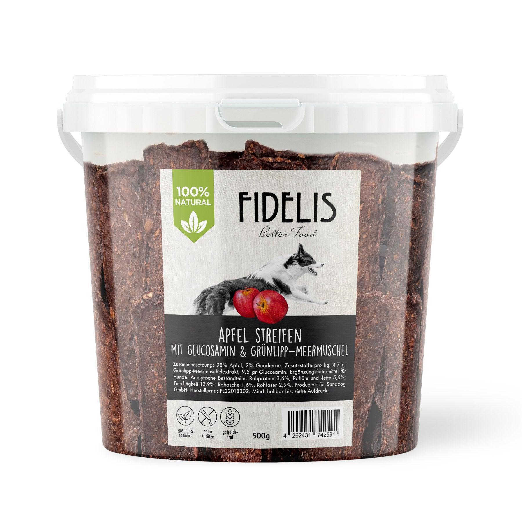 Apfel Streifen mit Glucosamin (500g-Eimer) von fidelis.dog
