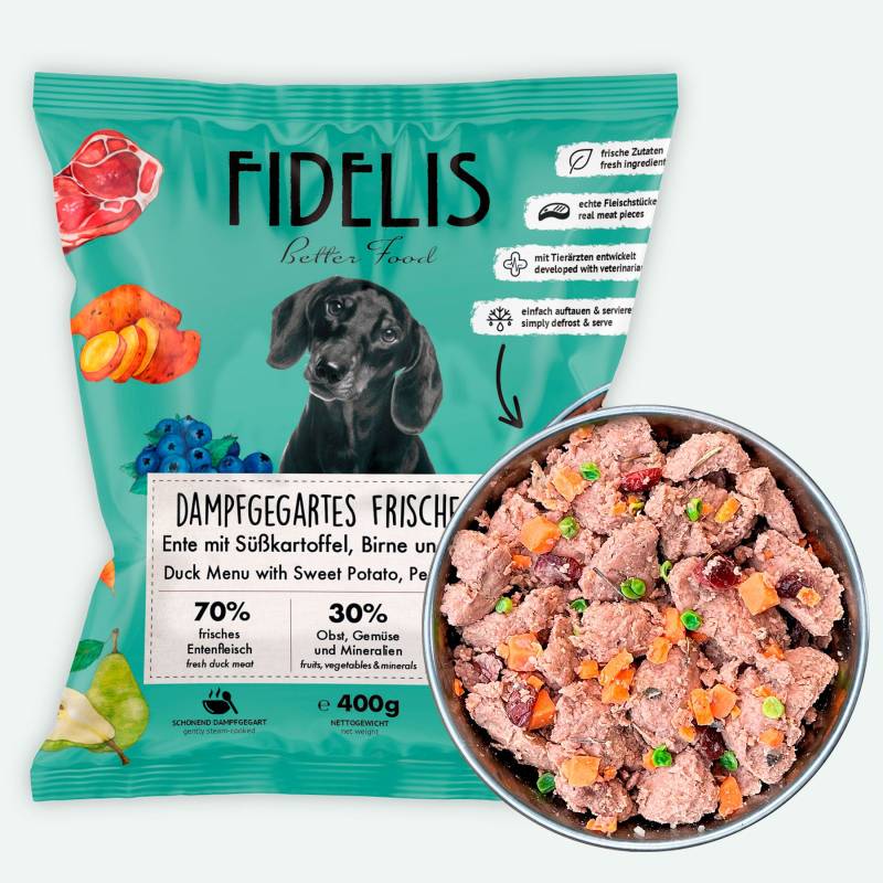 Ente mit Süßkartoffel, Birne und Blaubeeren (400g) gefroren von fidelis.dog