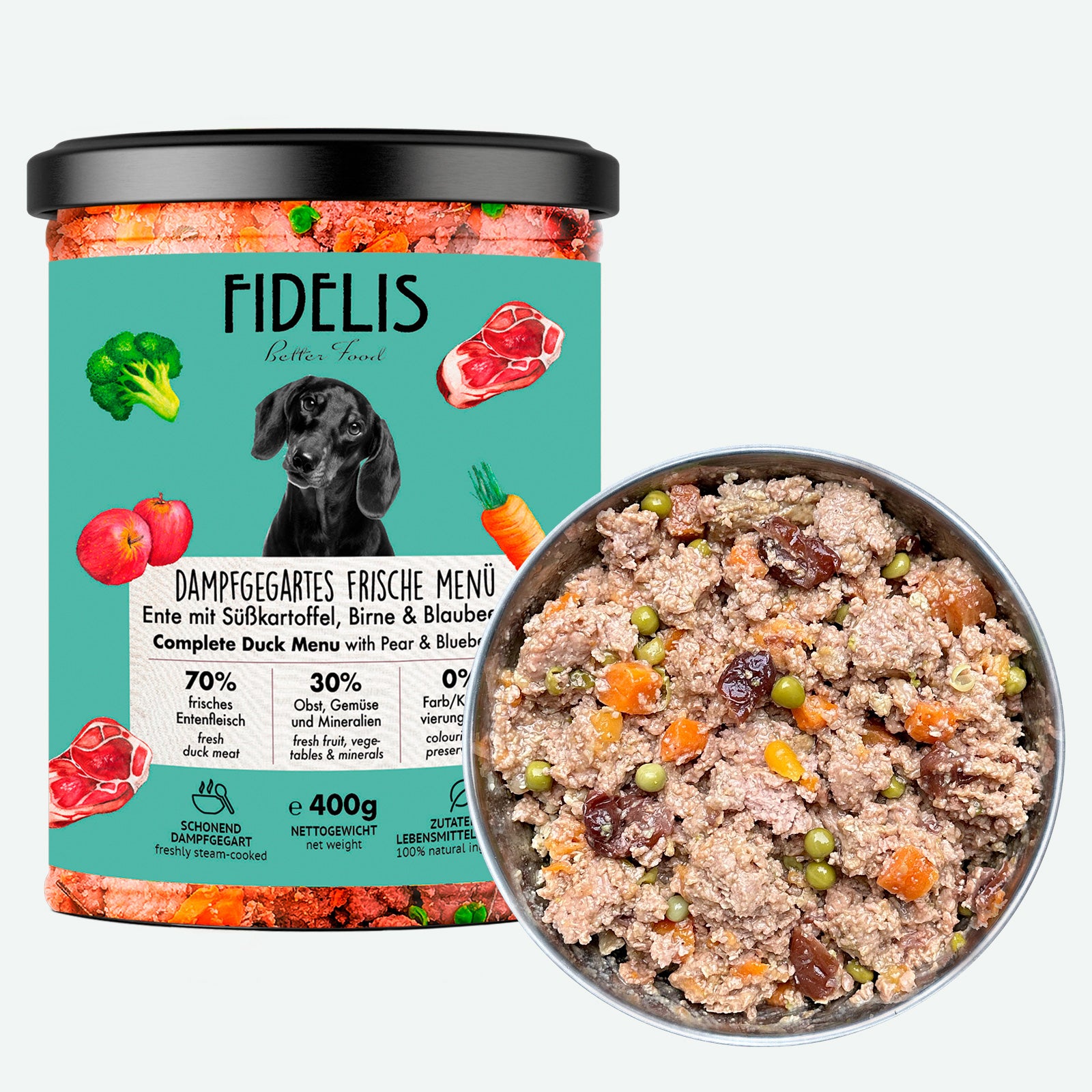 Ente mit Süßkartoffel, Birne und Blaubeeren (im Glas) | Gewicht: 400g von fidelis.dog