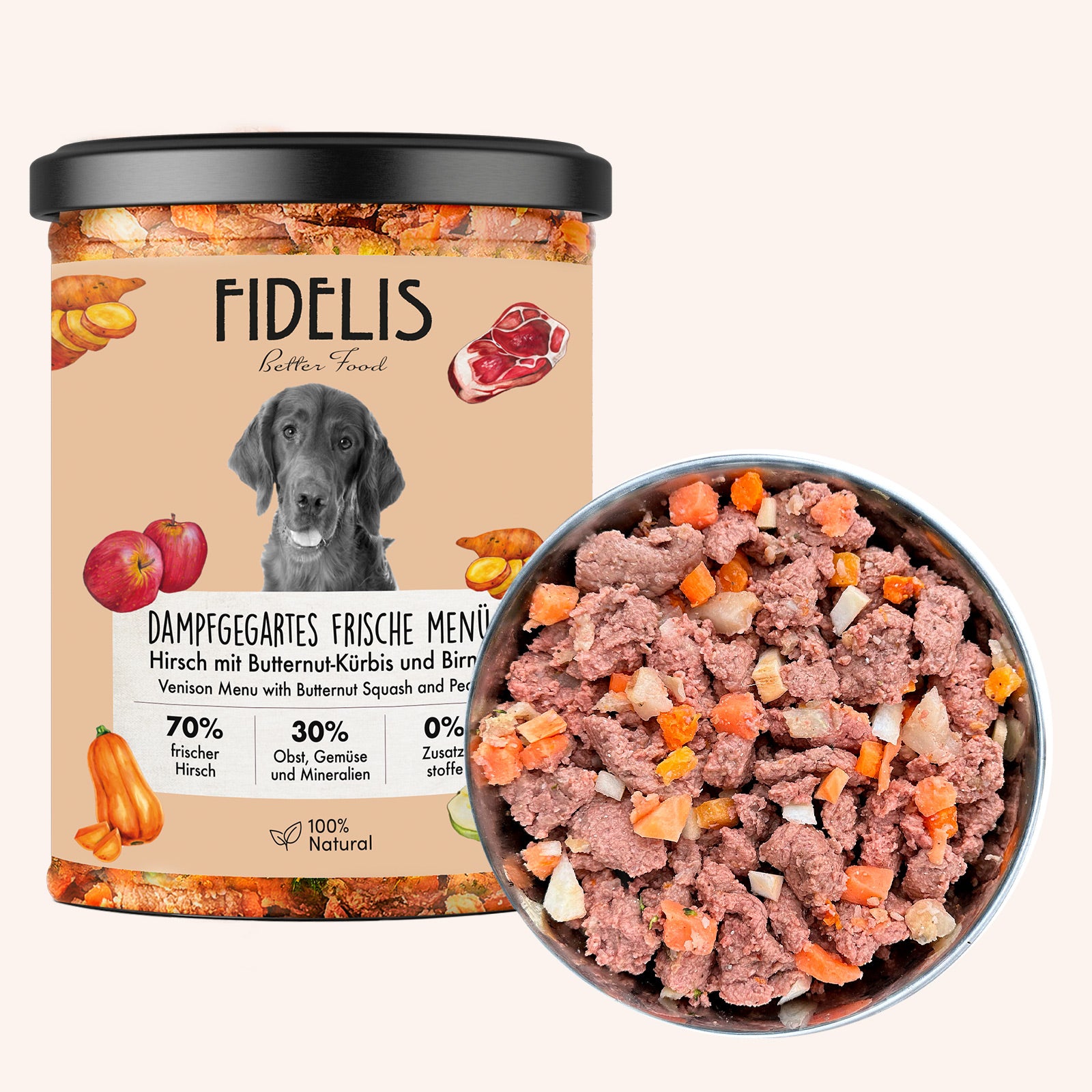 Hirsch mit Butternut-Kürbis, Birne und Topinambur (im Glas) von fidelis.dog