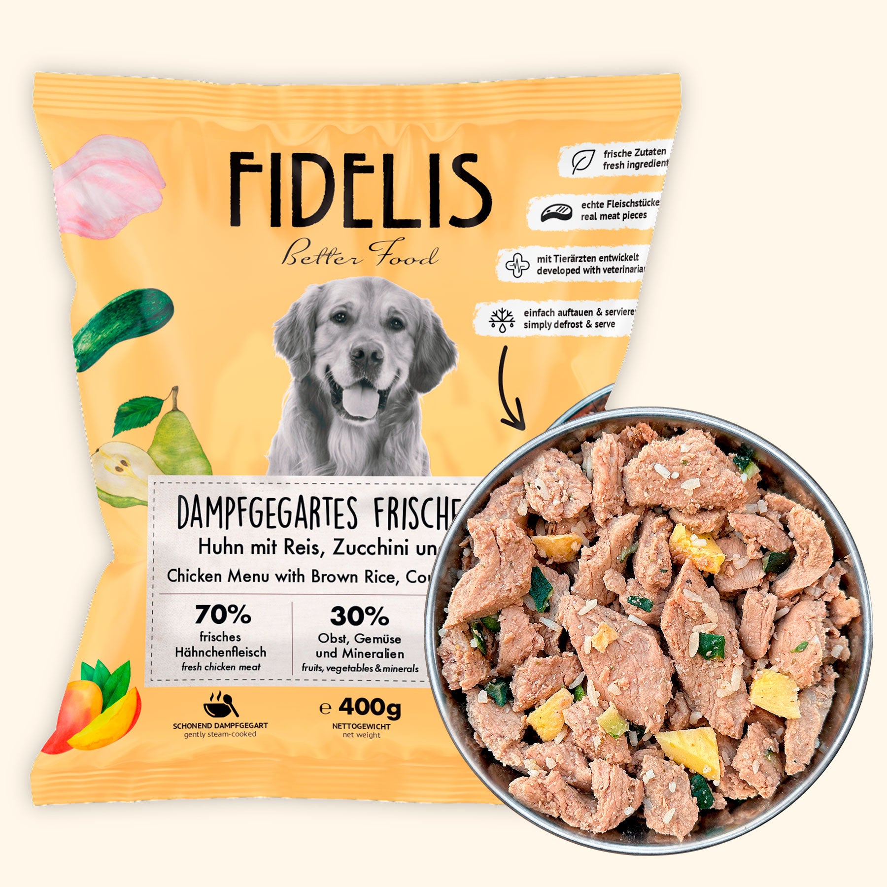 Huhn mit Reis, Zucchini und Mango (400g) gefroren von fidelis.dog