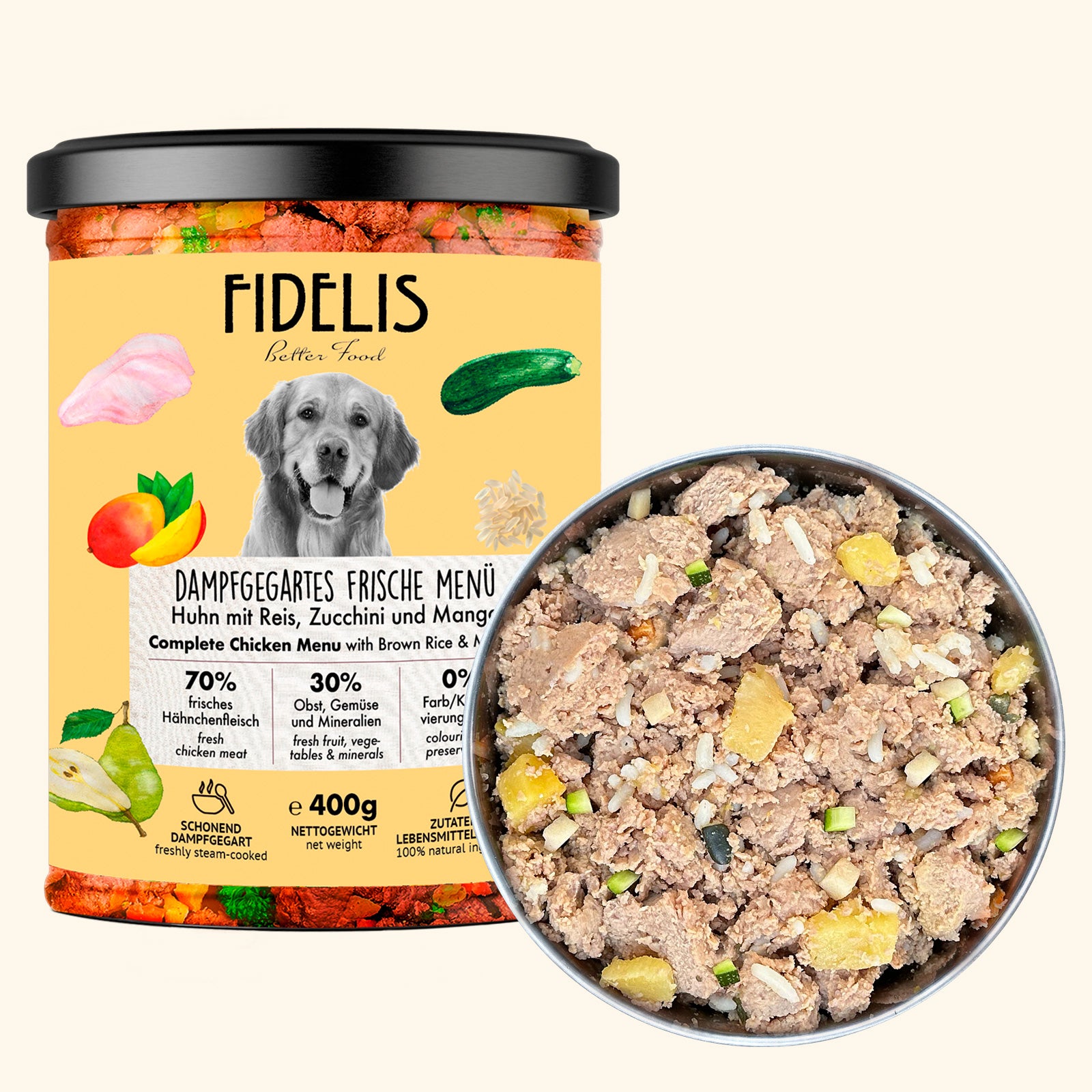 Huhn mit Reis, Zucchini und Mango (im Glas) 400g von fidelis.dog