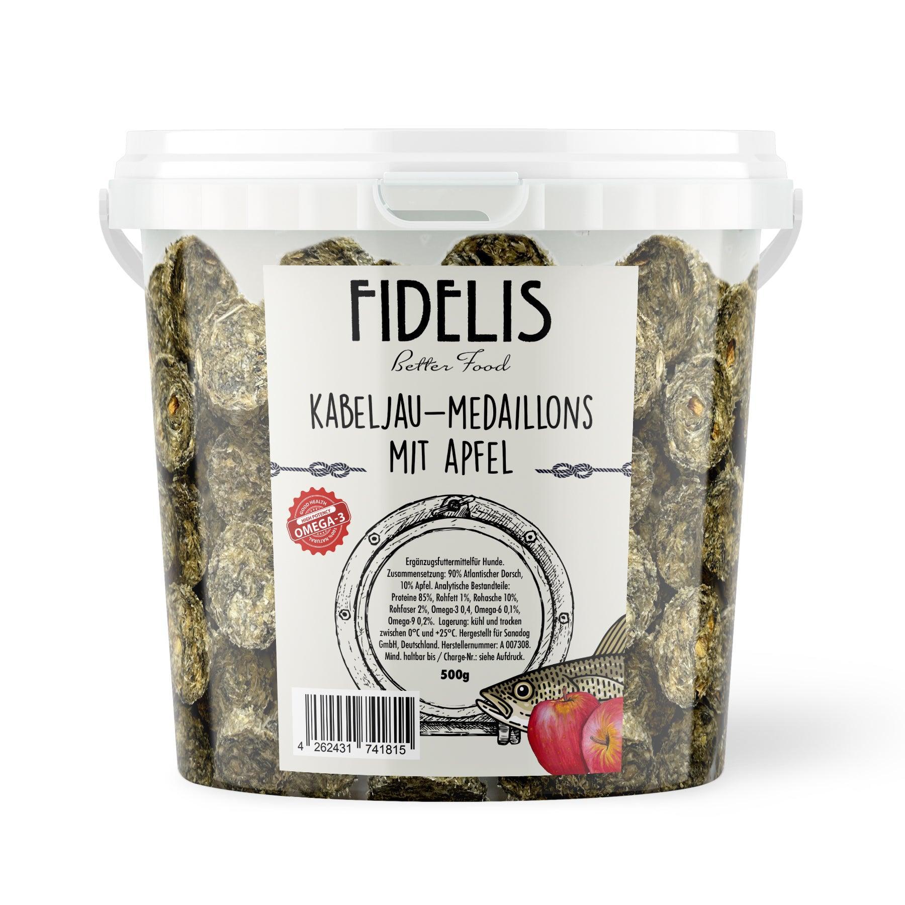 Kabeljau Medaillons mit Apfel (500g-Eimer) von fidelis.dog