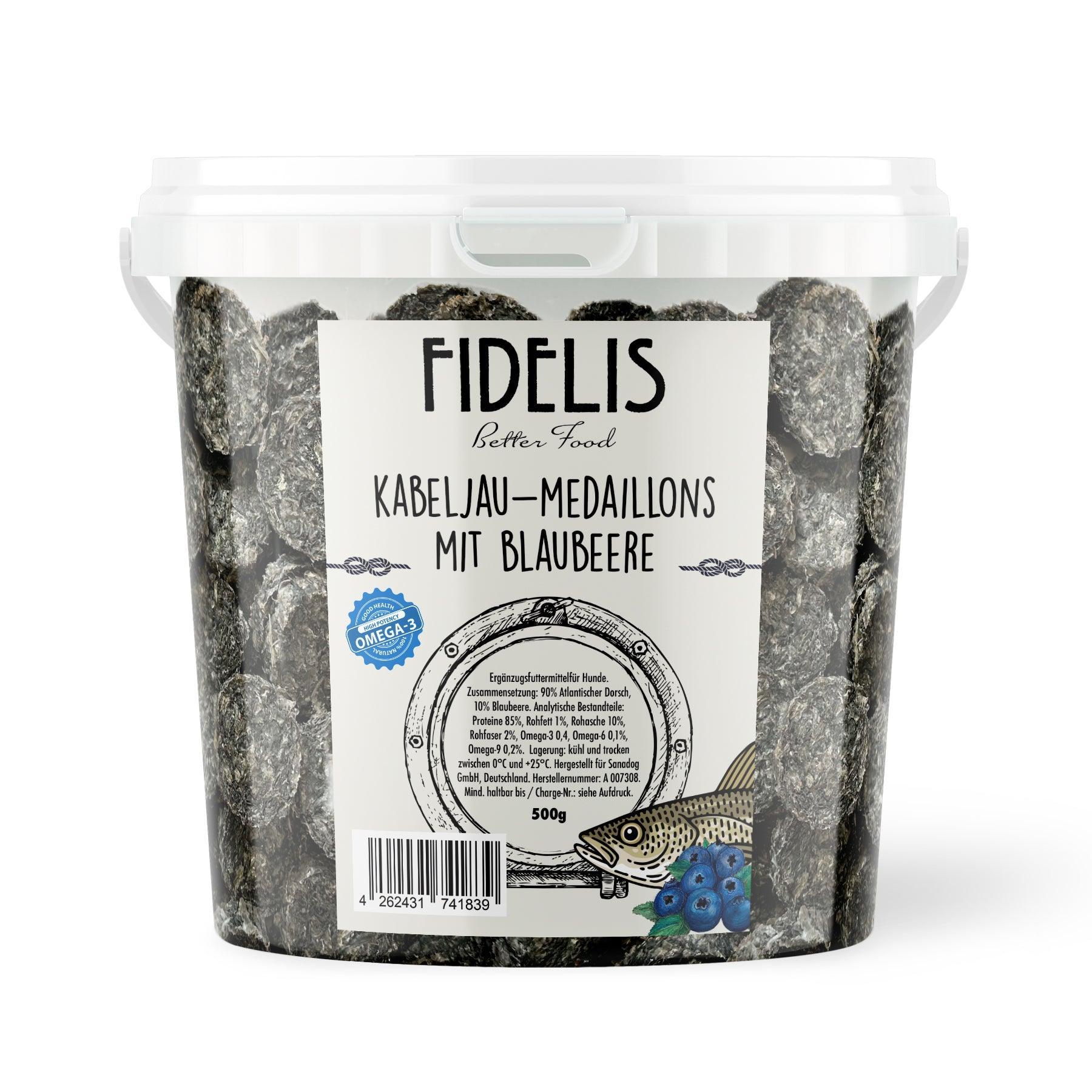 Kabeljau Medaillons mit Blaubeeren (500g-Eimer) von fidelis.dog