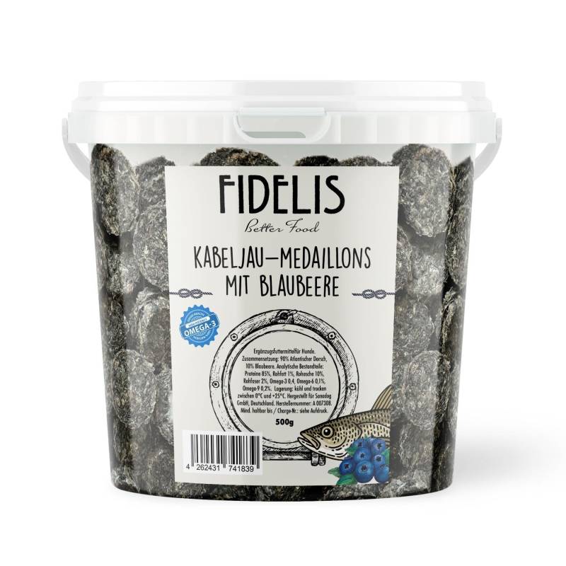 Kabeljau Medaillons mit Blaubeeren (500g-Eimer) von fidelis.dog