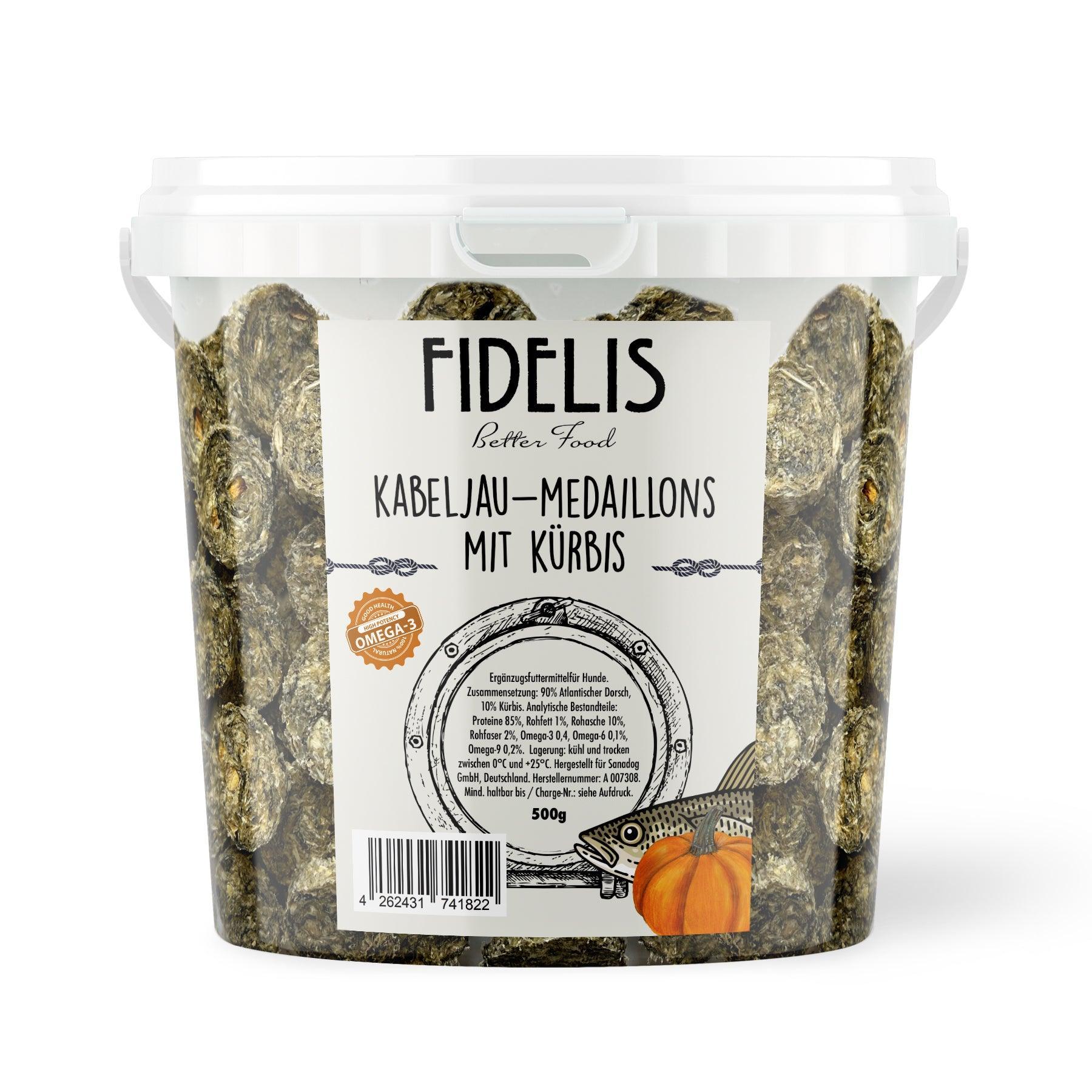 Kabeljau Medaillons mit Kürbis (500g-Eimer) von fidelis.dog