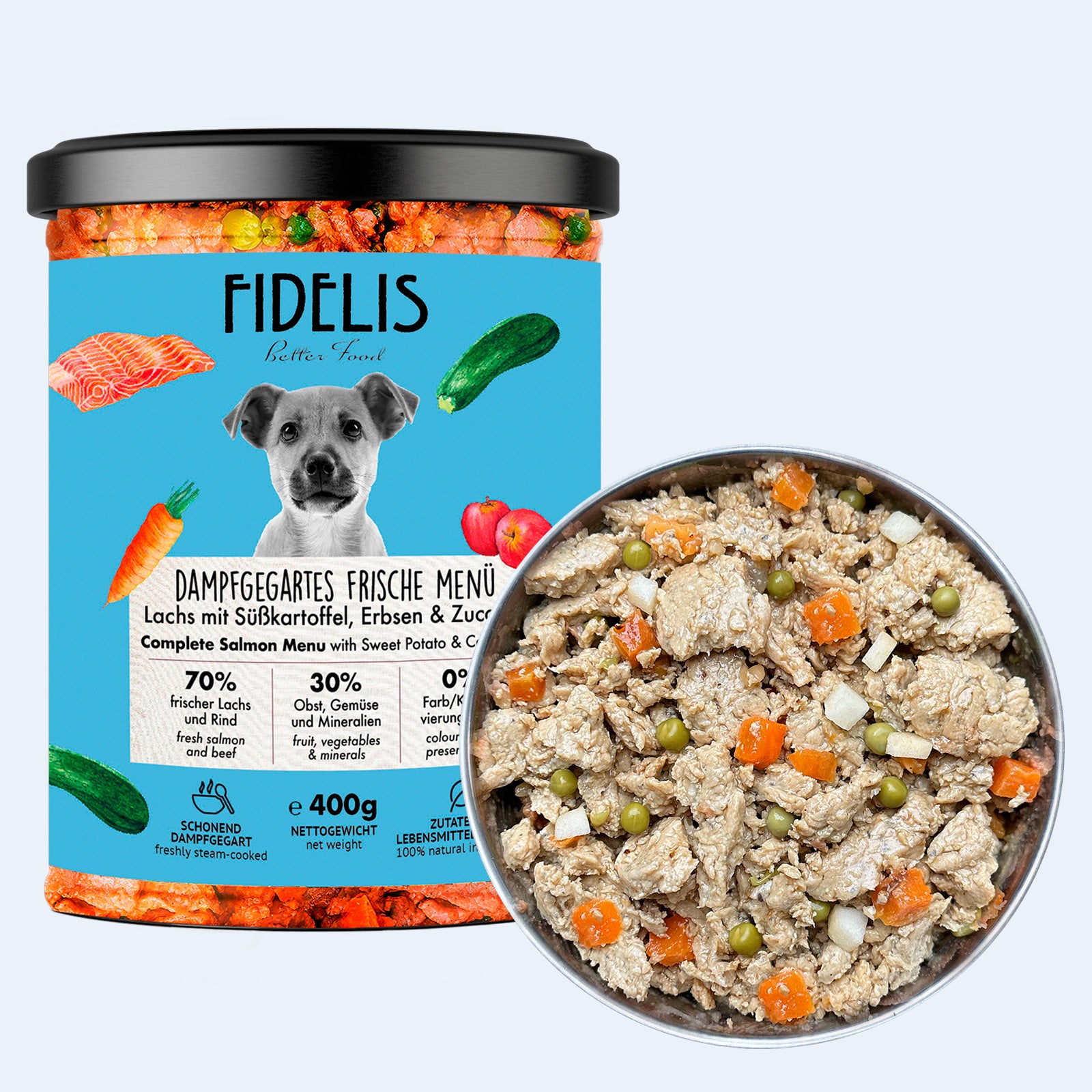 Lachs mit Süßkartoffel, Erbse und Zucchini (im Glas) 400g von fidelis.dog