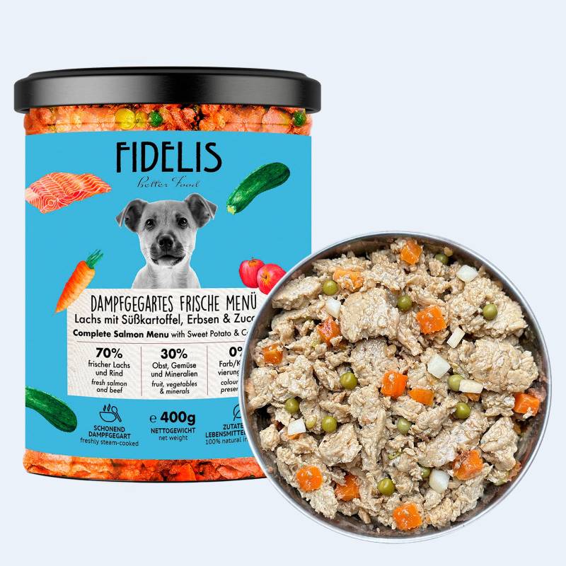 Lachs mit Süßkartoffel, Erbsen und Zucchini (im Glas) | Gewicht: 400g von fidelis.dog