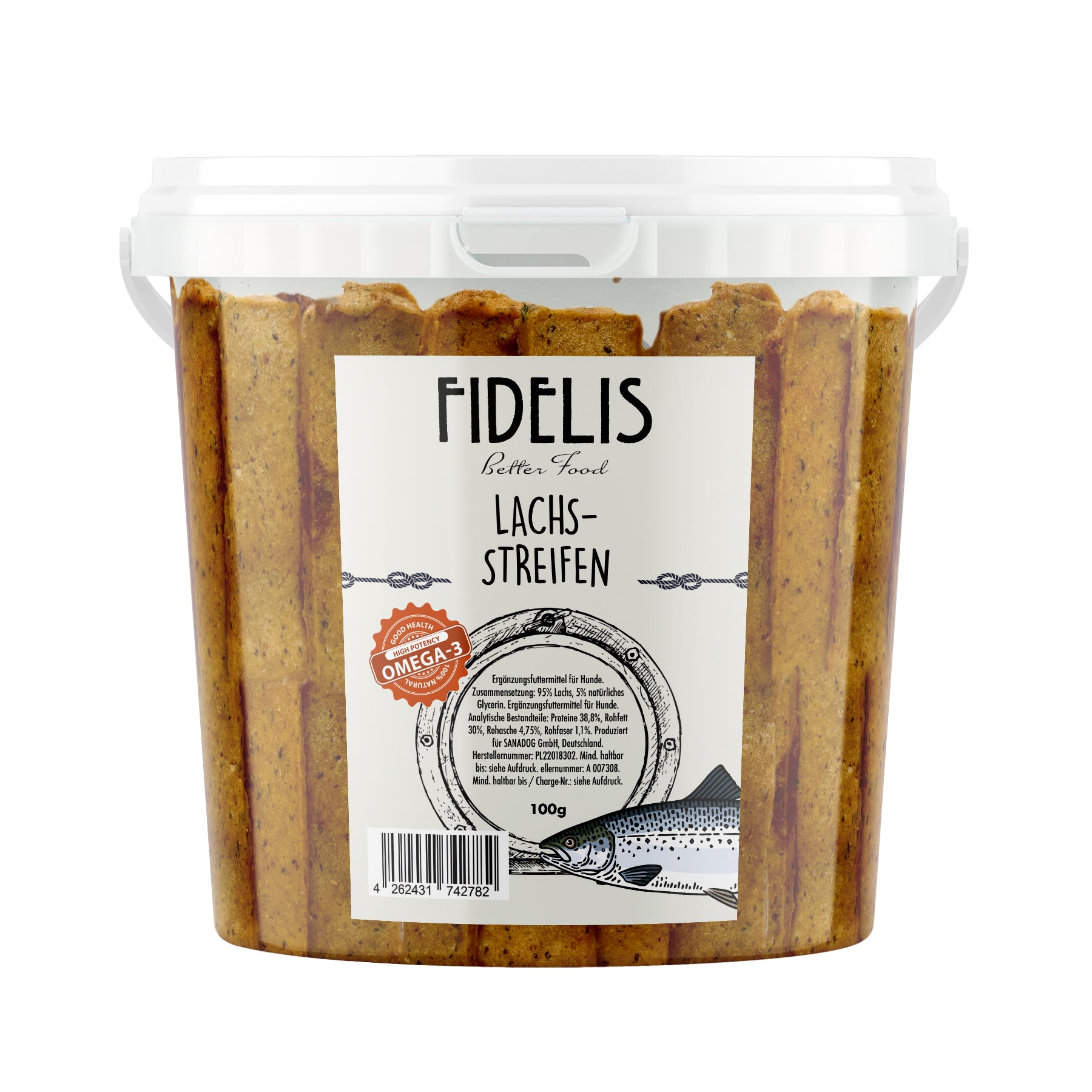 Lachsstreifen (800g-Eimer) von fidelis.dog