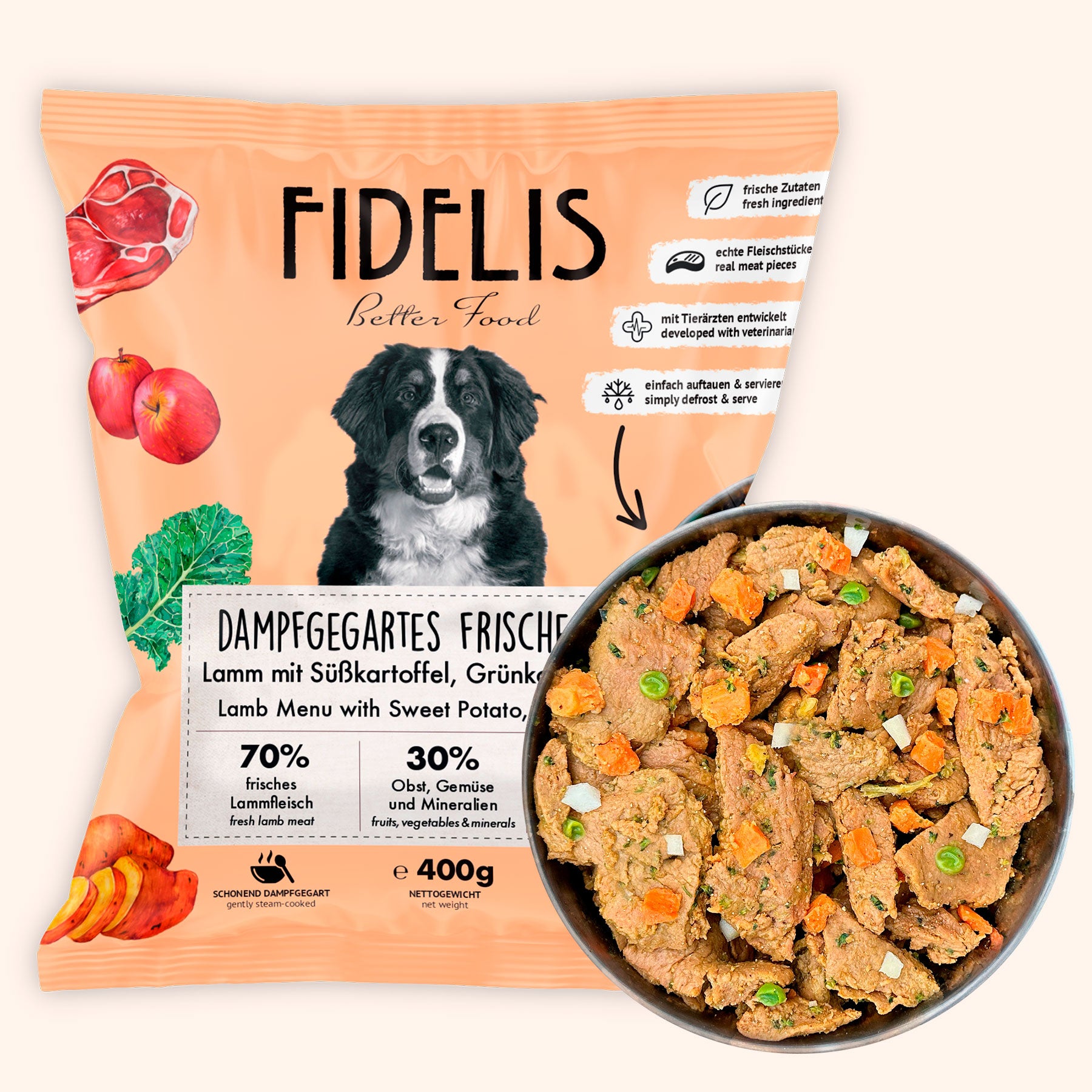 Lamm mit Süßkartoffel, Grünkohl und Apfel (400g) gefroren von fidelis.dog