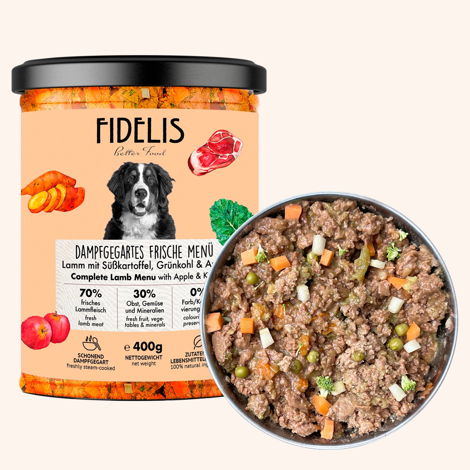 Lamm mit Süßkartoffel, Grünkohl und Apfel (im Glas) | Gewicht: 400g von fidelis.dog