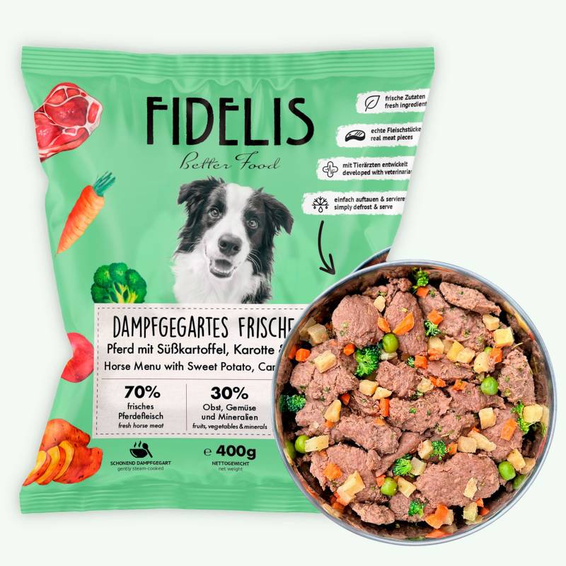 Pferd mit Süßkartoffel, Karotte und Blaubeeren (400g) gefroren von fidelis.dog