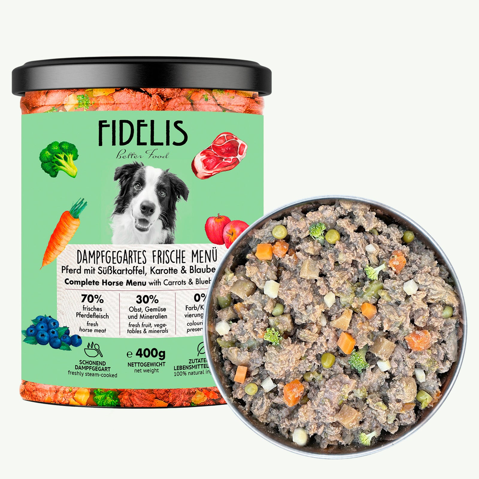 Pferd mit Süßkartoffel, Karotte und Blaubeeren (im Glas) | Gewicht: 400g von fidelis.dog