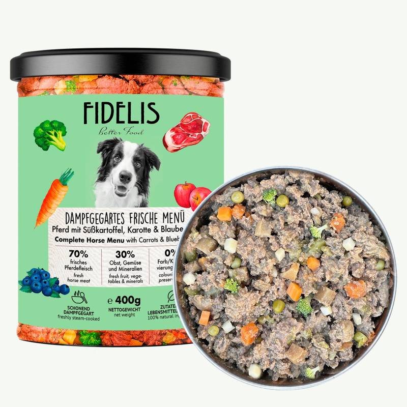 Pferd mit Süßkartoffel, Karotte und Blaubeeren (im Glas) | Gewicht: 400g von fidelis.dog