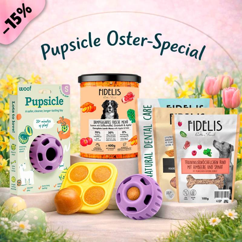 Pupsicle (lavendel, S) + Oster Special (6 Gläser, Treat Tray, Snacks) von fidelis.dog