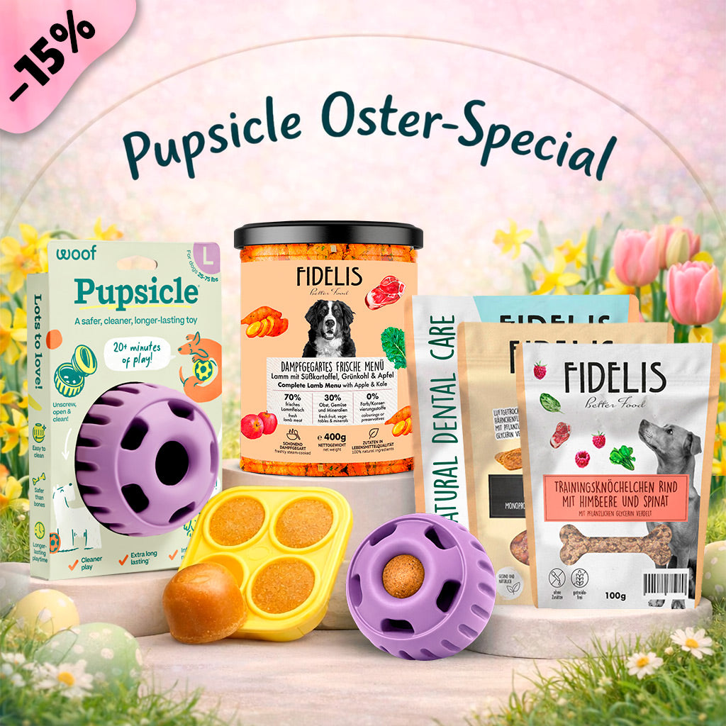 Pupsicle (lavendel L) + Oster Special (6 Gläser, Treat Tray, Snacks) von fidelis.dog