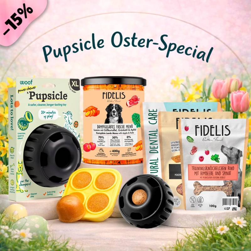 Pupsicle (schwarz, XL) + Oster Special (6 Gläser, Treat Tray, Snacks) von fidelis.dog