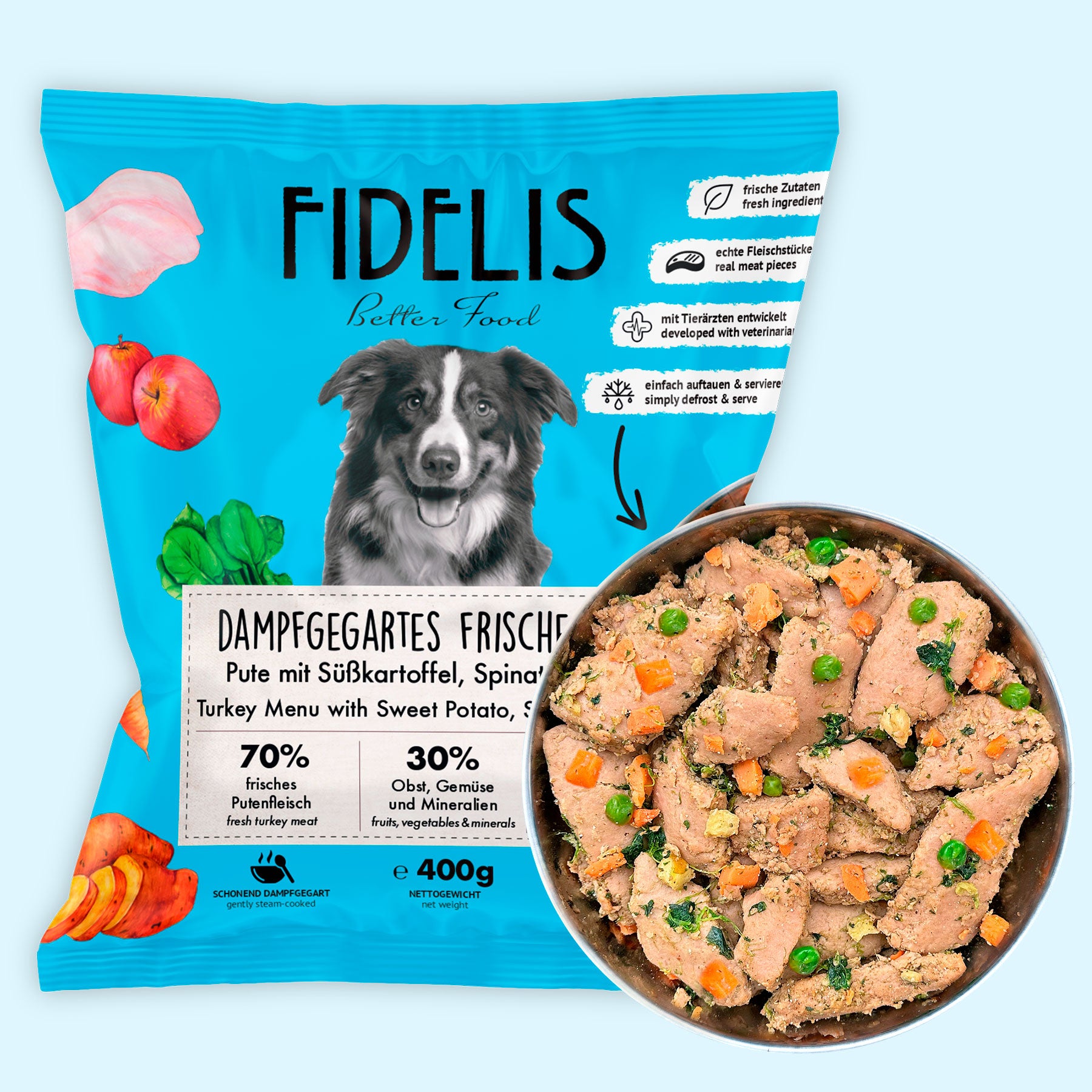 Pute mit Süßkartoffel, Spinat und Apfel (400g) gefroren von fidelis.dog