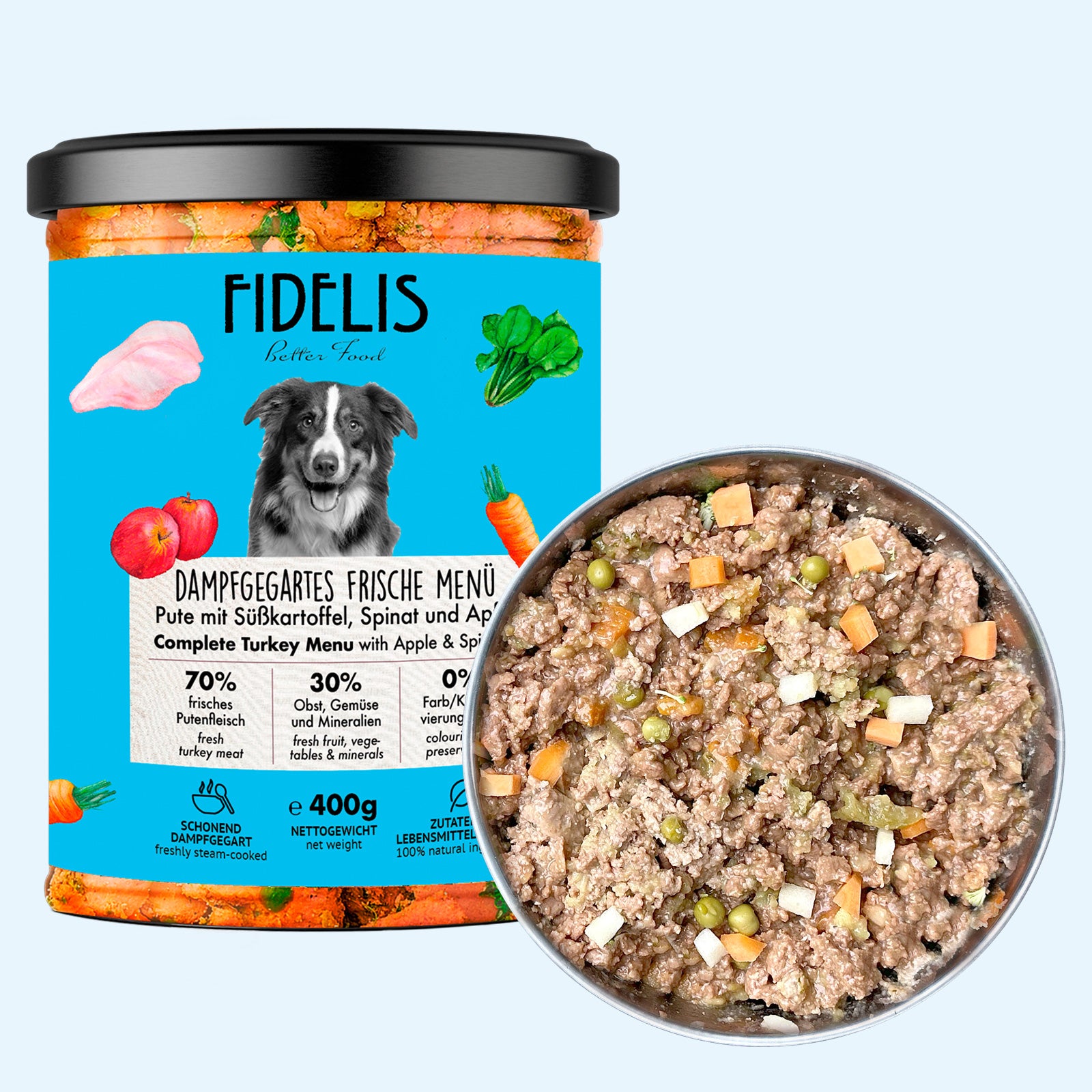 Pute mit Süßkartoffel, Spinat und Apfel (im Glas) | Gewicht: 400g von fidelis.dog