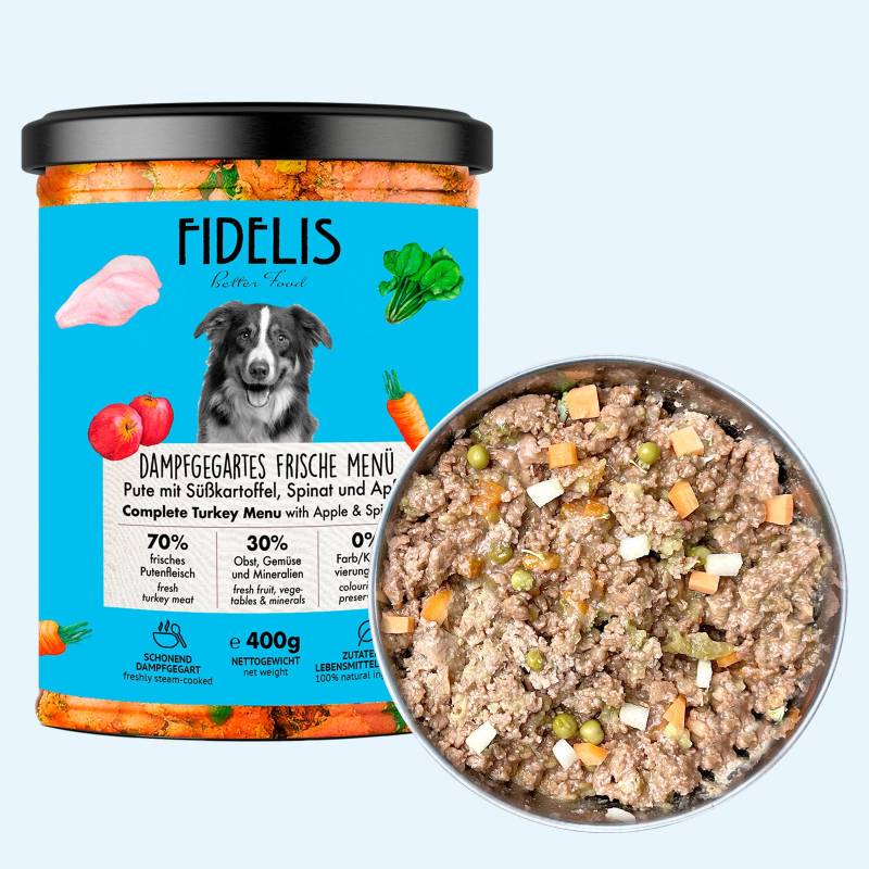 Pute mit Süßkartoffel, Spinat und Apfel (im Glas) | Gewicht: 400g von fidelis.dog