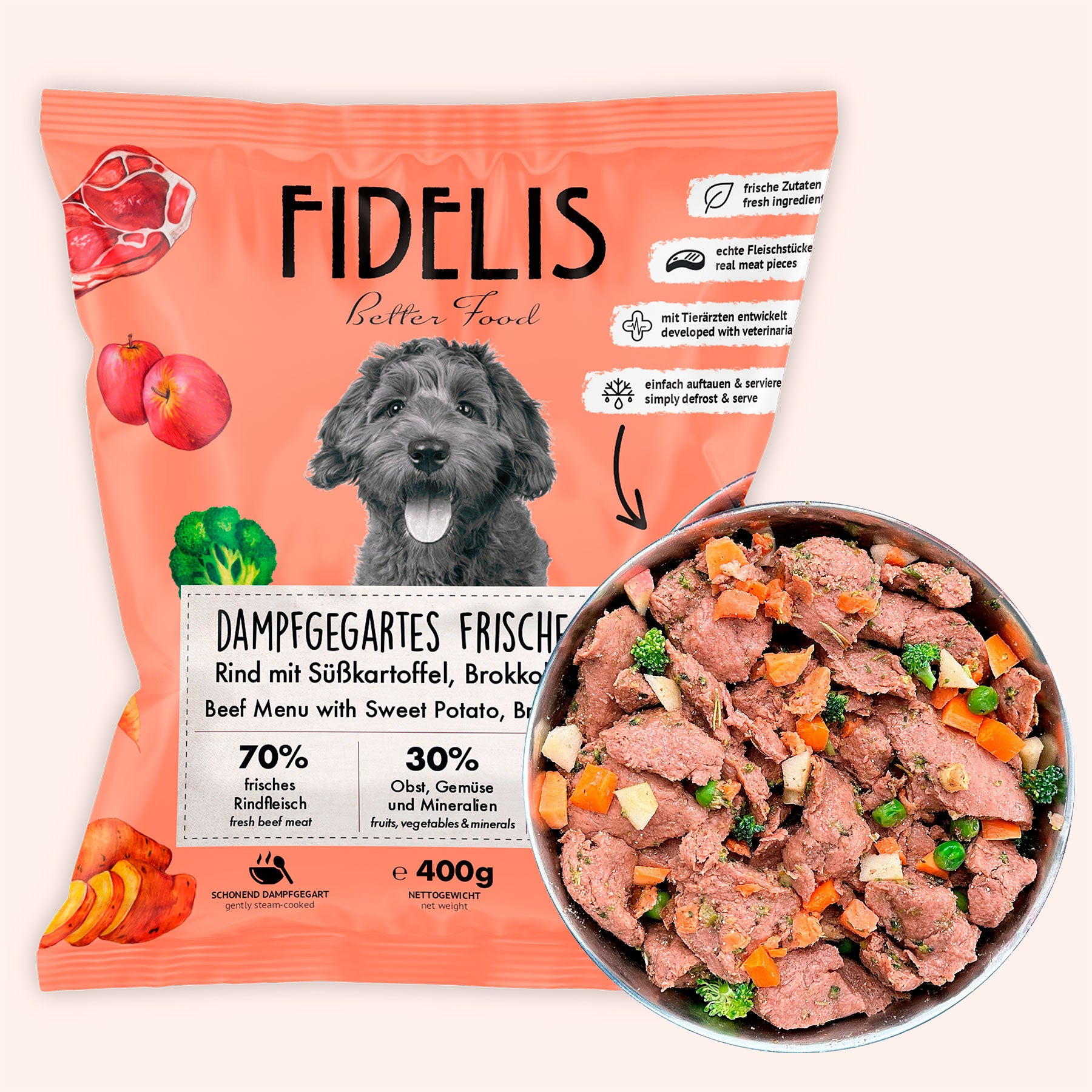 Rind mit Süßkartoffel, Brokkoli und Apfel (400g) gefroren von fidelis.dog