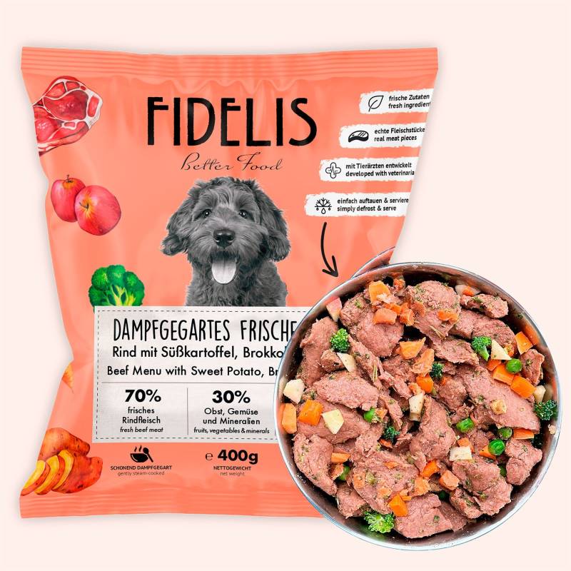 Rind mit Süßkartoffel, Brokkoli und Apfel (400g) gefroren von fidelis.dog