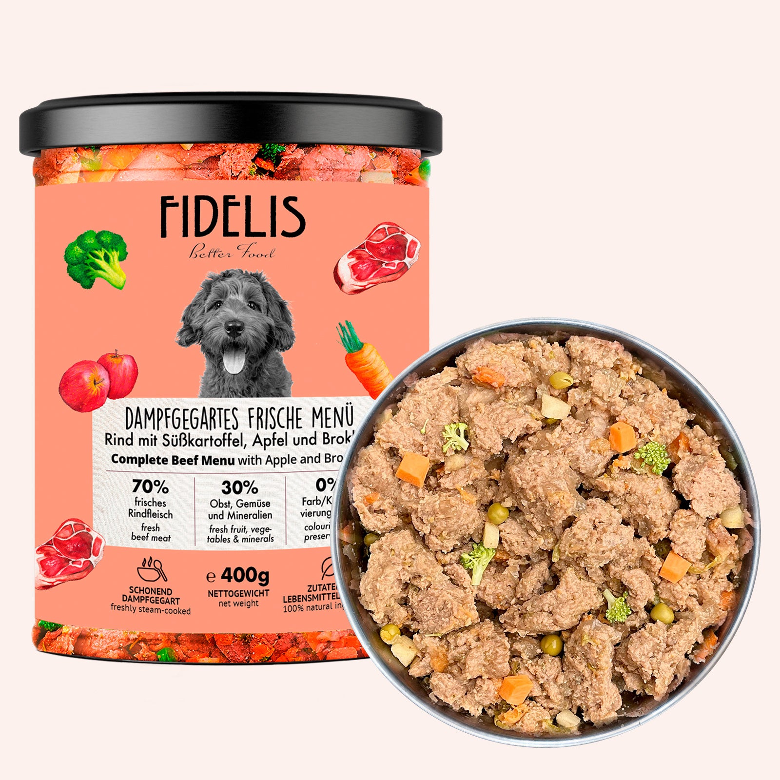 Rind mit Süßkartoffel, Brokkoli und Apfel (im Glas) 400g von fidelis.dog