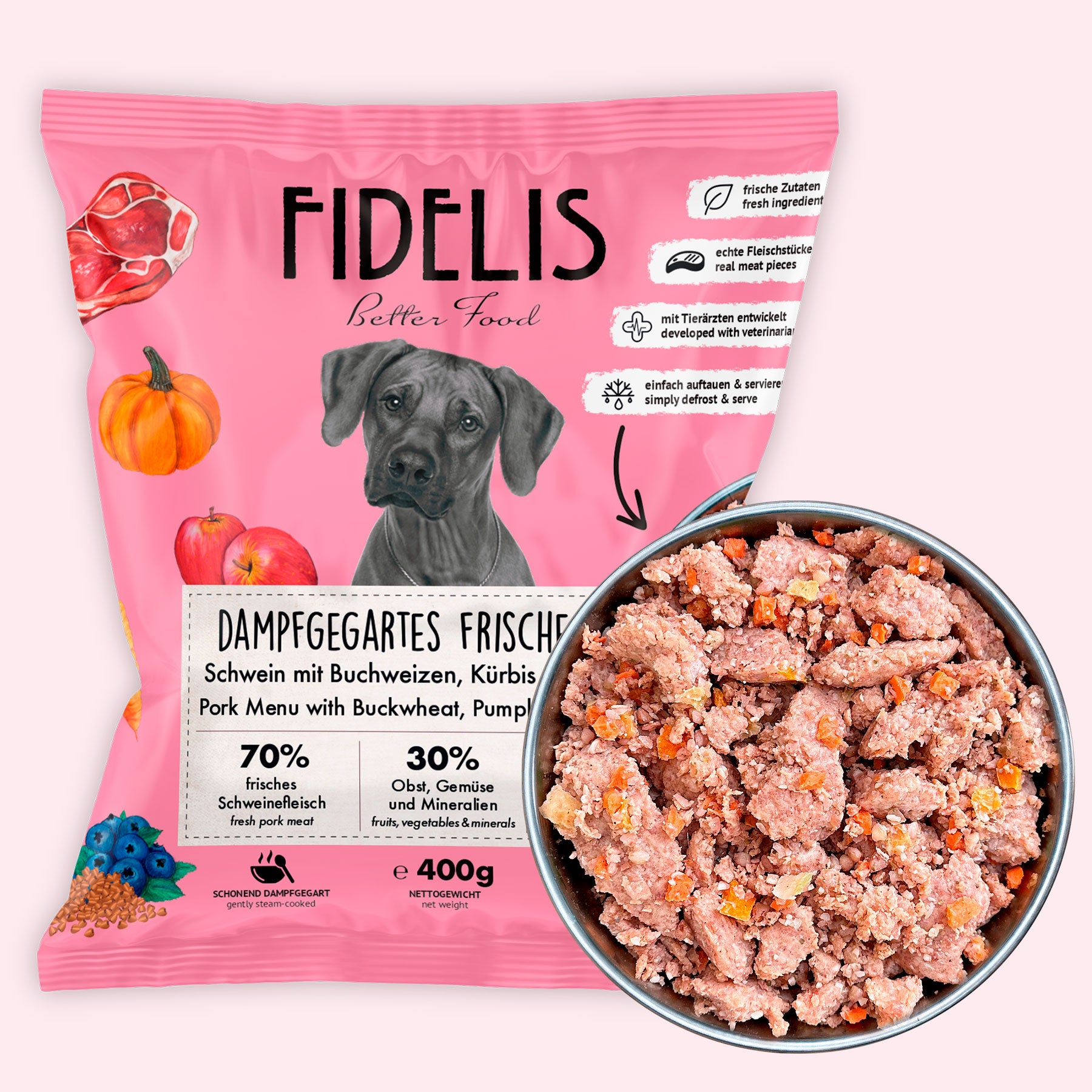 Schwein mit Buchweizen, Kürbis und Blaubeeren (400g) gefroren von fidelis.dog