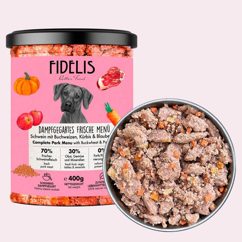 Schwein mit Buchweizen, Kürbis und Blaubeeren (im Glas) 400g von fidelis.dog