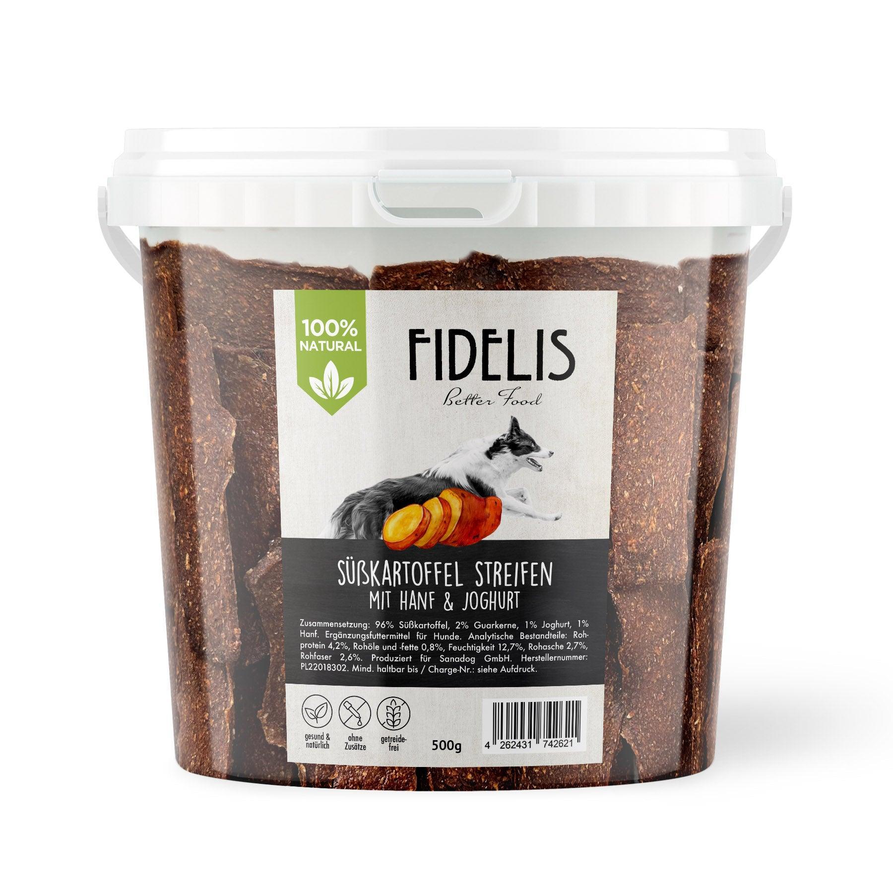 Süßkartoffel Streifen mit Hanf und Joghurt (500g-Eimer) von fidelis.dog