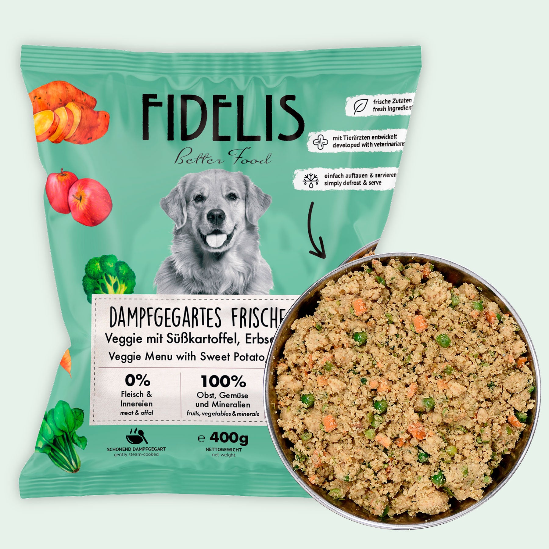 Veggie mit Süßkartoffel, Erbsen und Apfel (400g) gefroren von fidelis.dog