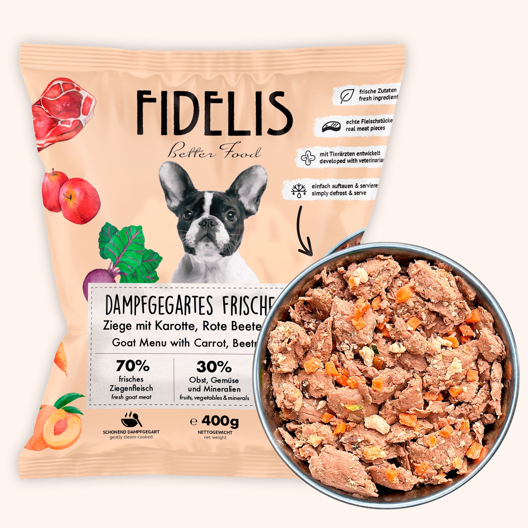 Ziege mit Karotte, Rote Beete und Pfirsich (400g) gefroren von fidelis.dog