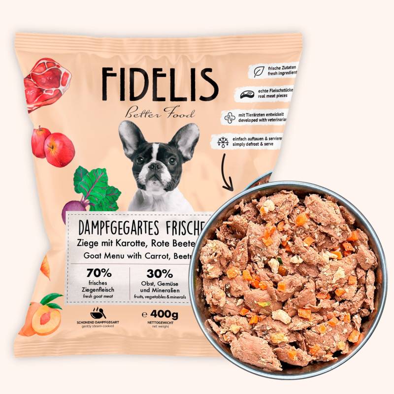 Ziege mit Karotte, Rote Beete und Pfirsich (400g) gefroren von fidelis.dog