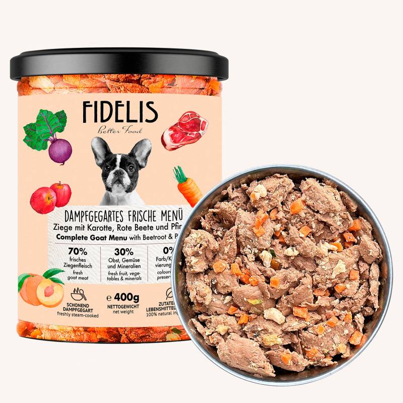 Ziege mit Karotte, Rote Beete und Pfirsich (im Glas) 400g von fidelis.dog