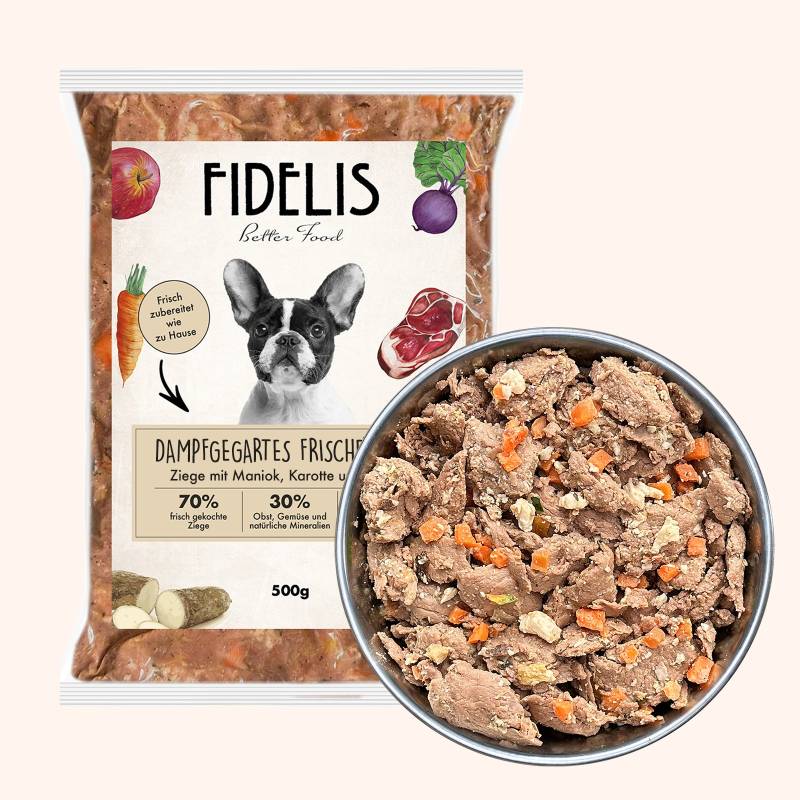 Ziege mit Maniok, Karotten und Pfirsich (500g) gefroren von fidelis.dog