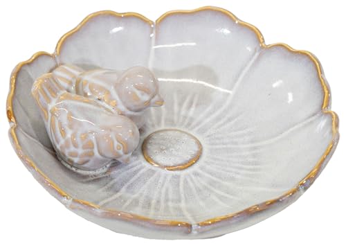 finehomegarden Vogeltränke Blüte mit Vögel rund Ø23cm Vogelbad Futterschale Vogelbecken Pearl Shabby chic Wasserstelle von finehomegarden