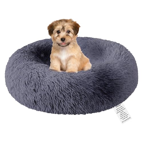 fireowl Donut Hundebett Mittelgroße Flauschig: 60cm Beruhigendes Welpenbett Anti Angst Katzenbett - Plüsch Haustierbett Rund Kuscheliges Waschbar Grau von fireowl