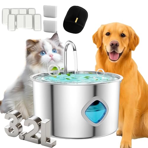 Trinktiger Katzenbrunnen 3.2l/108 oz, 2025Nord Flow Katzenbrunnen Edelstahl,Katzen Trinkbrunnen Leise - Automatic Katzentrinkbrunnen Mit Wasserstandsfenster, Mehrschichtiges Filtersystem (A +4Filter) von fjaldjfu