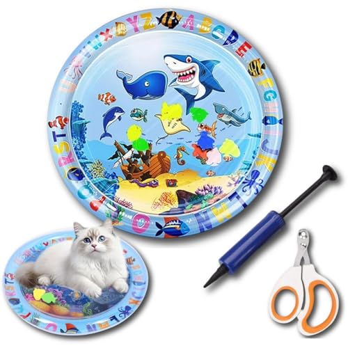 fjaldjfu Wassermatte Katzen Kratzfest, 2025 Upgrade Katzen Spiel und kühl wassermatte, Verdickt Sommer Aufblasbare Sensorische Wasserspielmatte, Interaktives Spielzeug (A(65 * 65cm),Verdickt) von fjaldjfu