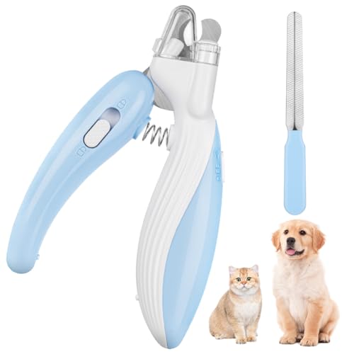 flintronic Haustier Nagelknipser, Kleine Krallenschere Katze & Hunde mit Nagelfeile, Krallenschere für Katzen mit LED, Haustiere Nagelknipser mit Spritzfest Sicherheitsschutz (Blau) von flintronic
