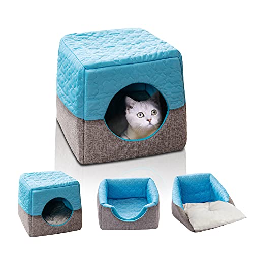 floatofly 3-in-1 Katzenbett Bequem Faltbar Haustier Höhle Zelt Baumwolle Katzen Haus Sofa Nests mit Kissen für Kätzchen Katzen Kleine Katzen Kleine Hunde Gemütlich Blau von floatofly