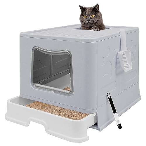 Faltbare Katzentoilette mit Deckel, geschlossenes Katzentöpfchen, oberer Einstieg, spritzwassergeschützte Katzentoilette, leicht zu reinigen, inklusive Katzenstreuschaufel und 2-1 Reinigungsbürste, von fophop