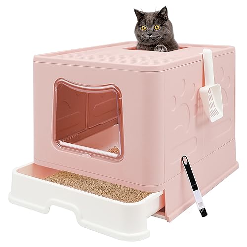 Faltbare Katzentoilette mit Deckel, geschlossenes Katzentöpfchen, spritzwassergeschützte Katzentoilette, leicht zu reinigen, inklusive Katzenstreuschaufel und 2-1 Reinigungsbürste, extra groß, rosa von fophop