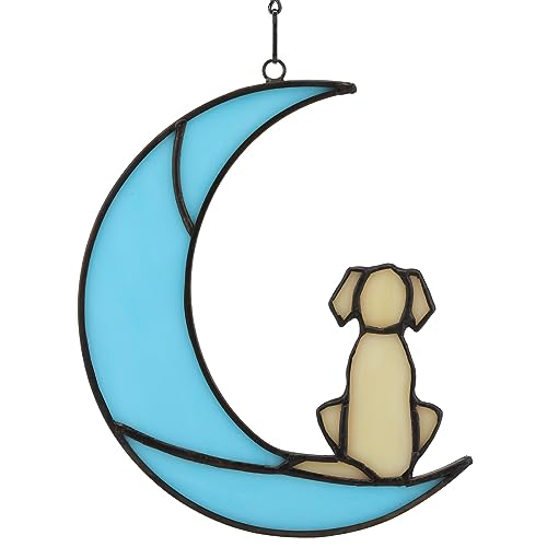 framelito Buntglas-Hunde-Gedenkgeschenke, ein hellgelbes Hundedekor auf blauem Mondfenster, Sonnenfänger, Geschenk für Verlust des Hundes, Haustierverlust, Gedenkgeschenk für Hundeliebhaber von framelito