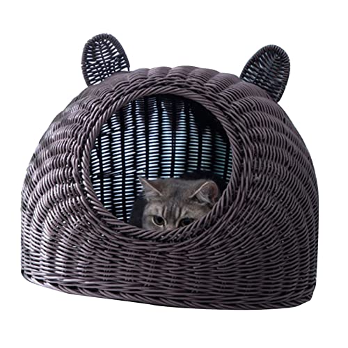 Halbgeschlossenes Katzenbett, Handgewebtes, Waschbares, Atmungsaktives, Imitiertes Rattan-Katzenhaus für den Innenbereich für Haustiere für Kleine Hunde (Kaffee) von fuik