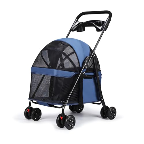 funrautz Hunde-Kinderwagen für kleine Hunde, zusammenklappbarer Haustier-Reisewagen mit Rädern, 2 Getränkehaltern und Bremse, leicht faltbar, leicht, rollende Haustier-Tragetasche, Marineblau von funrautz