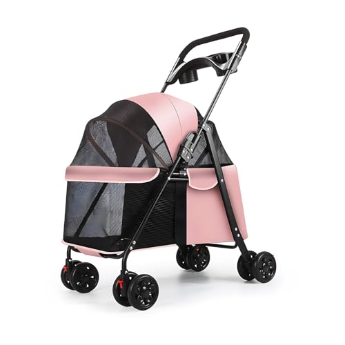 funrautz Hunde-Kinderwagen für kleine Hunde, zusammenklappbarer Haustier-Reisewagen mit Rädern, 2 Getränkehaltern und Bremse, leicht faltbar, leicht, rollende Haustier-Tragetasche, Rosa von funrautz