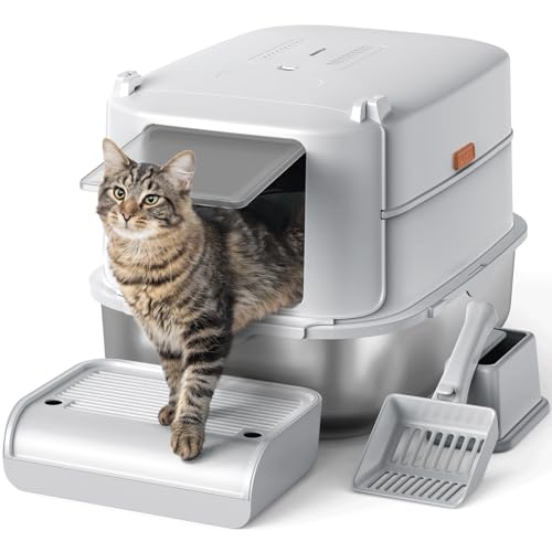 Furkid Katzentoilette aus Edelstahl mit Deckel, XL, extra große Katzentoilette für große Katzen, geschlossene Metall-Kitty-Katzentoilette mit hochseitigem Gehäuse und Schaufel, auslaufsicher, Furkid Katzentoilette aus Edelstahl mit Deckel, XL, extra große Katzentoilette für große Katzen, geschlossene Metall-Kitty-Katzentoilette mit hochseitigem Gehäuse und Schaufel, auslaufsicher, von furkid